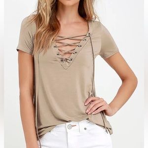 Lace Up Taupe Short Sleeve T-Shirt